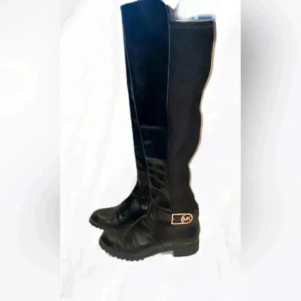 Micheal Kors black knee high gold zipper rubber sole leather riding boots 5.5